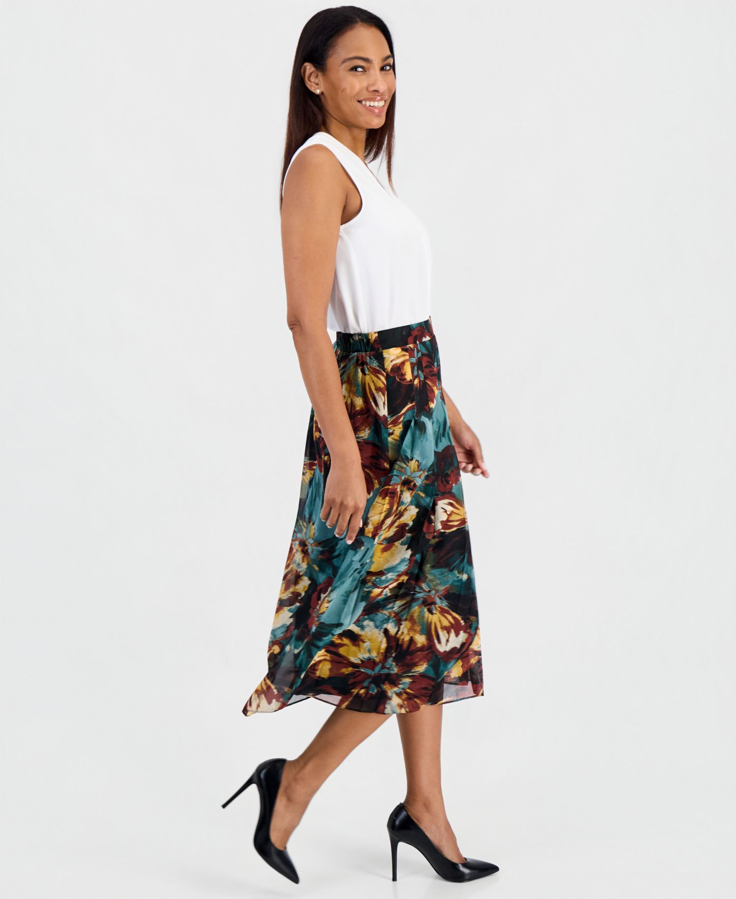 Petite Pull-On Pleated Midi Skirt