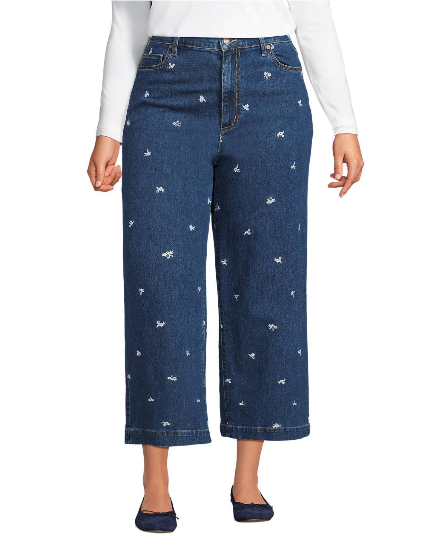Women's Soft Denim High Rise Embroidered Wide Leg Crop Jeans