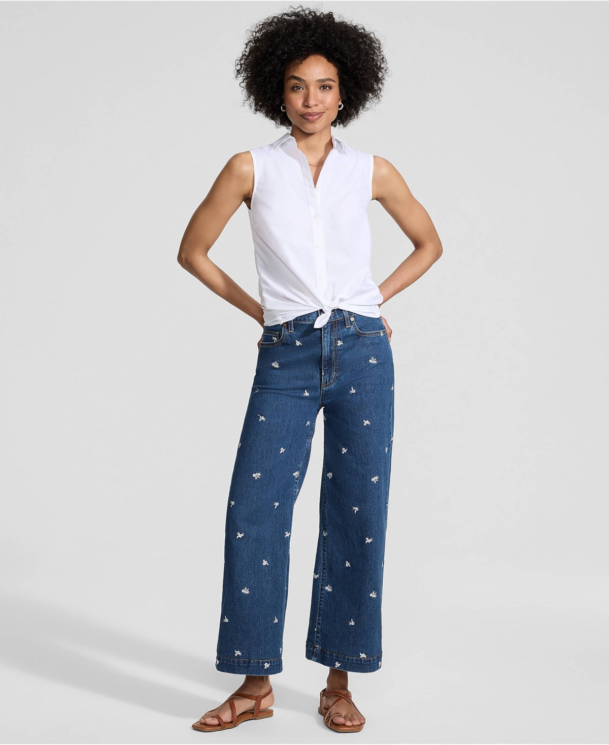 Lands' End Women's Soft Denim High Rise Embroidered Wide Leg Crop Jeans