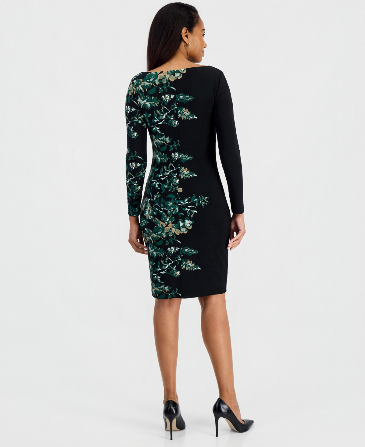 Kasper Petite Long-Sleeve Floral Side-Pleat Dress