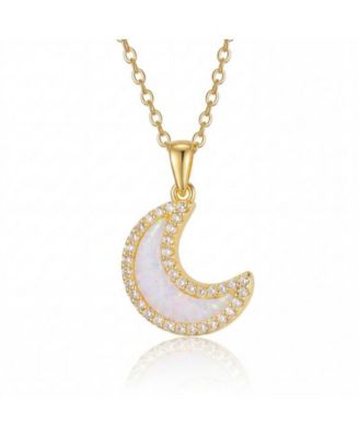 14K Gold Plated Sparkling Moon Opal and CZ Halo Necklace
