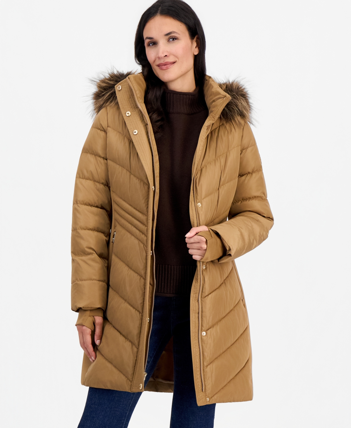 Michael Kors Women's Hooded Faux-Fur Trim Puffer Coat - Dk Camel