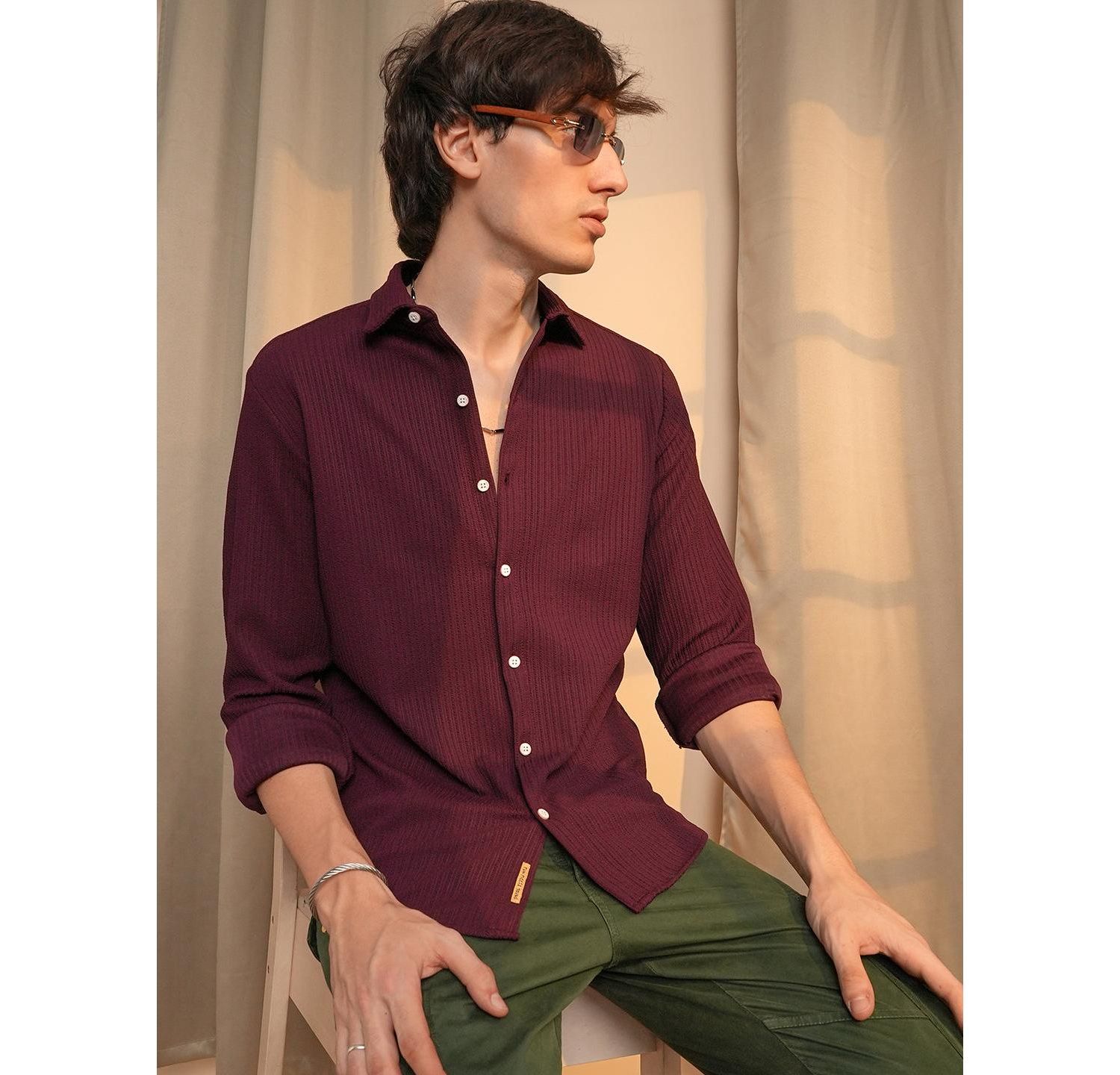 Men's Maroon Red Stripe-Creased Shirt