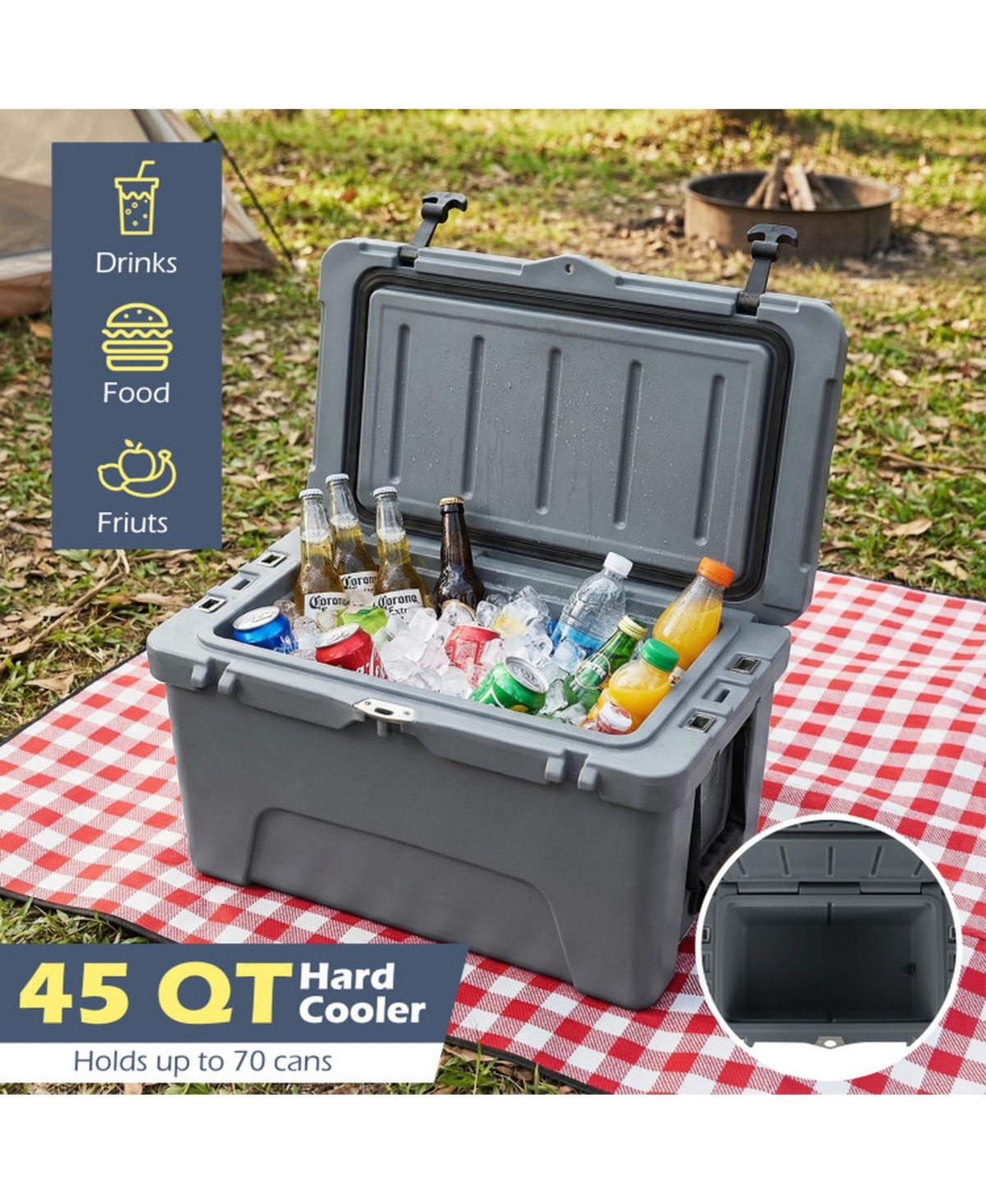 Sugift 45 Quart Portable Hard Cooler with 6-Day Ice Retention and Built-In Cup Holders