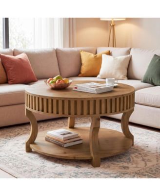 31.5-In Round Coffee Table, Farmhouse 2-Tier Center Table with Storage, Fluted Solid Wood Cocktail Table for Living Room