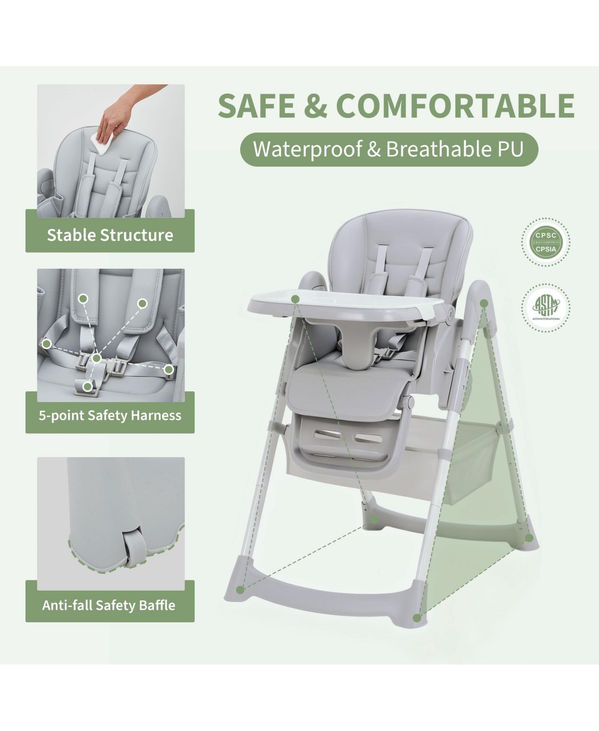 homfan Foldable Baby High Chair with Adjustable Backrest, Footrest, Tray, and 5-Point Harness