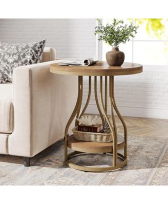Round Side End Table: 2-tier modern bedside table with metal frame, Small nightstand with storage for couch side, living room