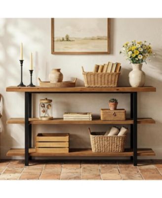 3-Tier Solid Wood Console Table, 63-Inch Farmhouse Entryway Table, Narrow Sofa Table Behind the Couch