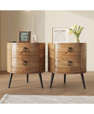 Set of 2 Round Side Table with Drawers - Modern Wooden Night Stand with Storage, Metal Legs for Living Room or Bedroom