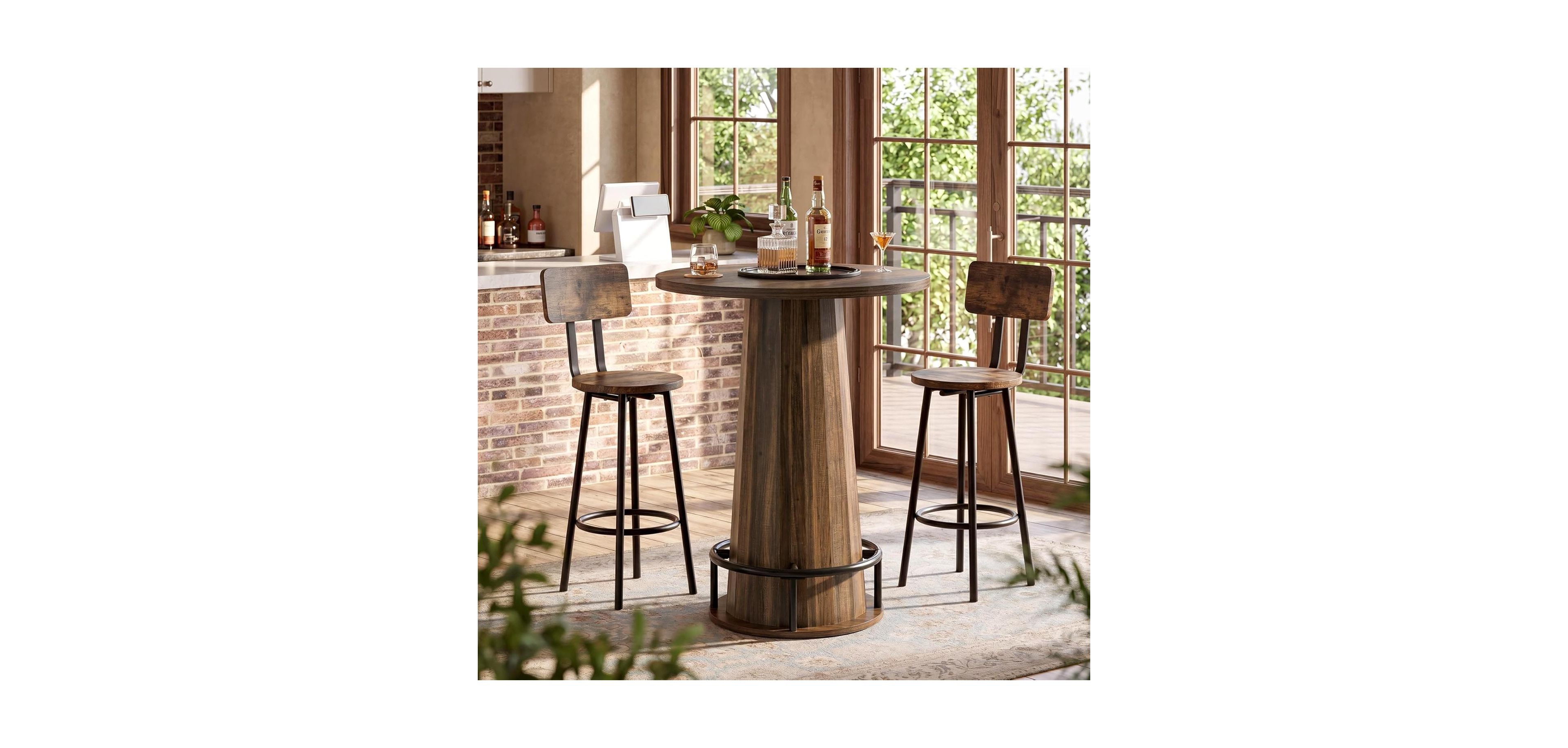 Tribesigns 31.5'' Round Bar Table, 37.4" H Wood Pub Table with Metal Ring Footrest, Industrial Farmhouse Bar Table