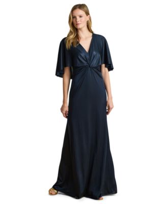 Women's Metallic Jersey Twist-Front Cape Gown