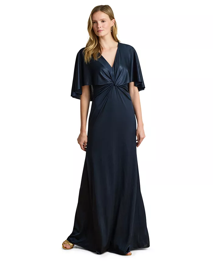 Women's Metallic Jersey Twist-Front Cape Gown