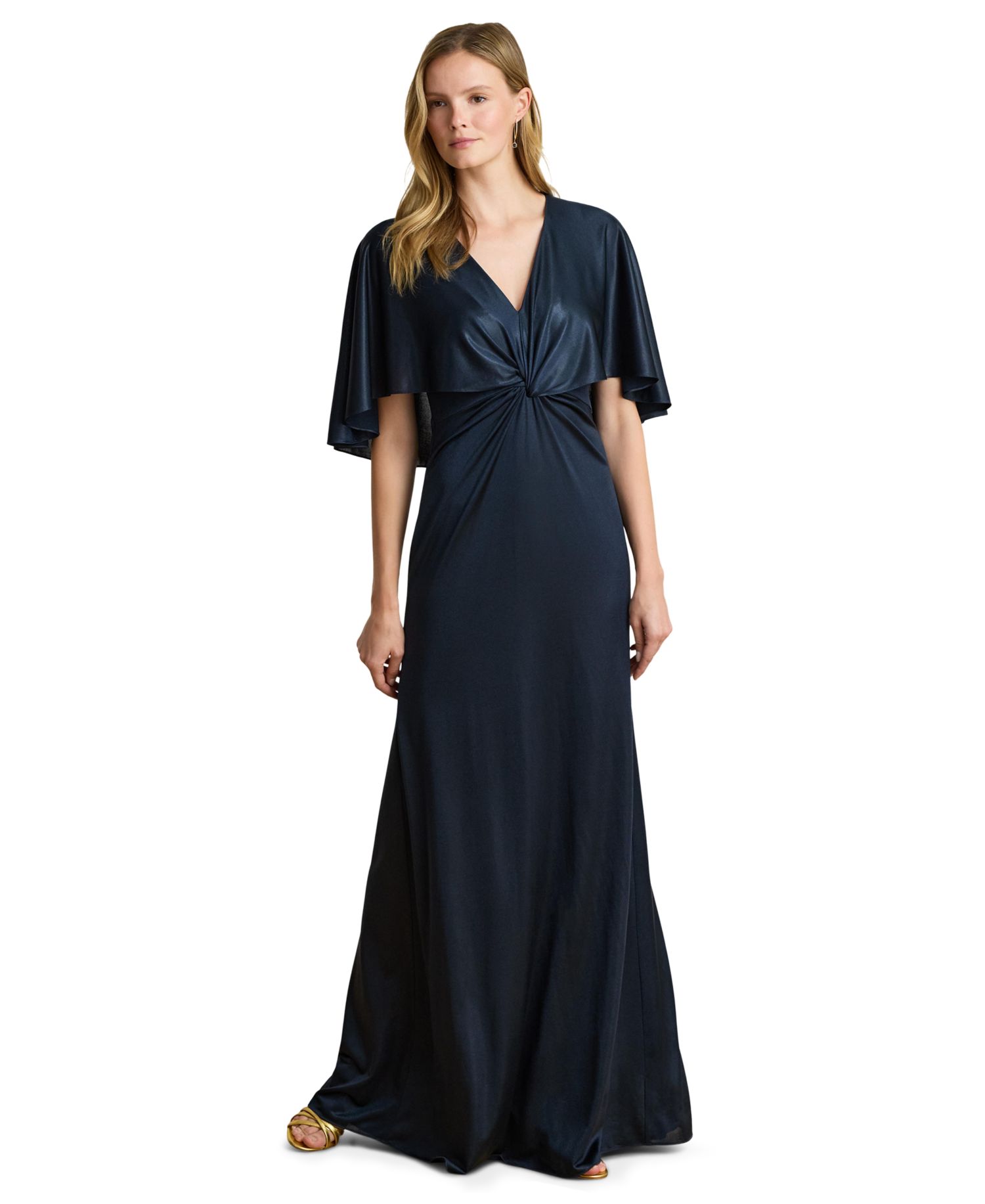 Women's Metallic Jersey Twist-Front Cape Gown