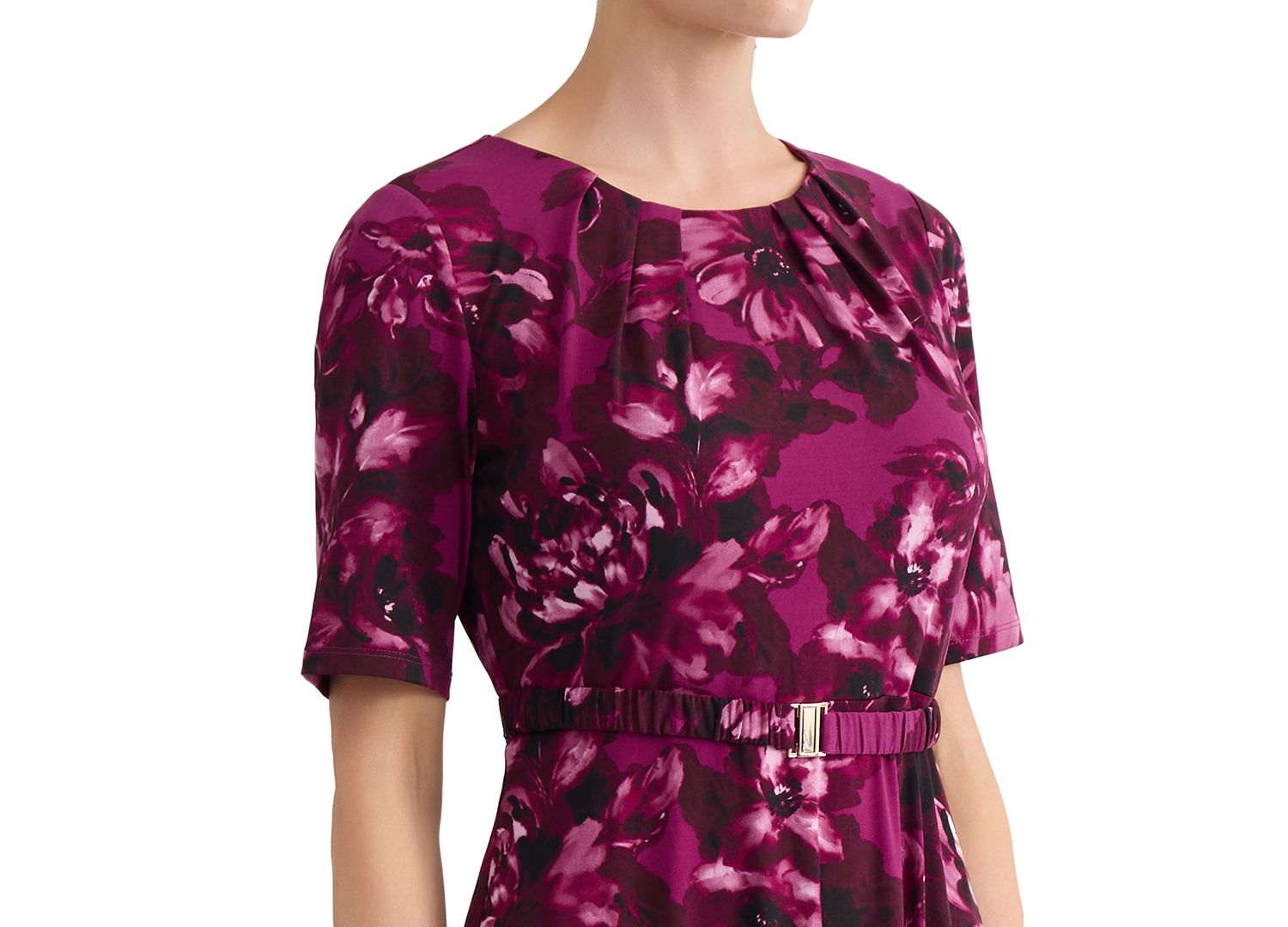Women's Pleat-Neck Belted Short-Sleeve Dress