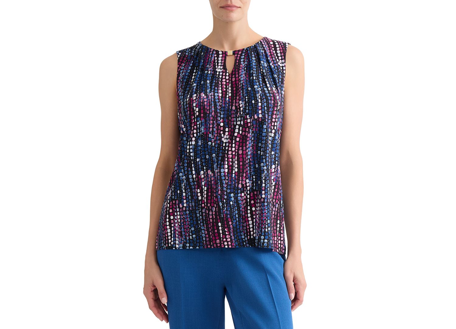 Petite Printed Pleat-Neck Sleeveless Top