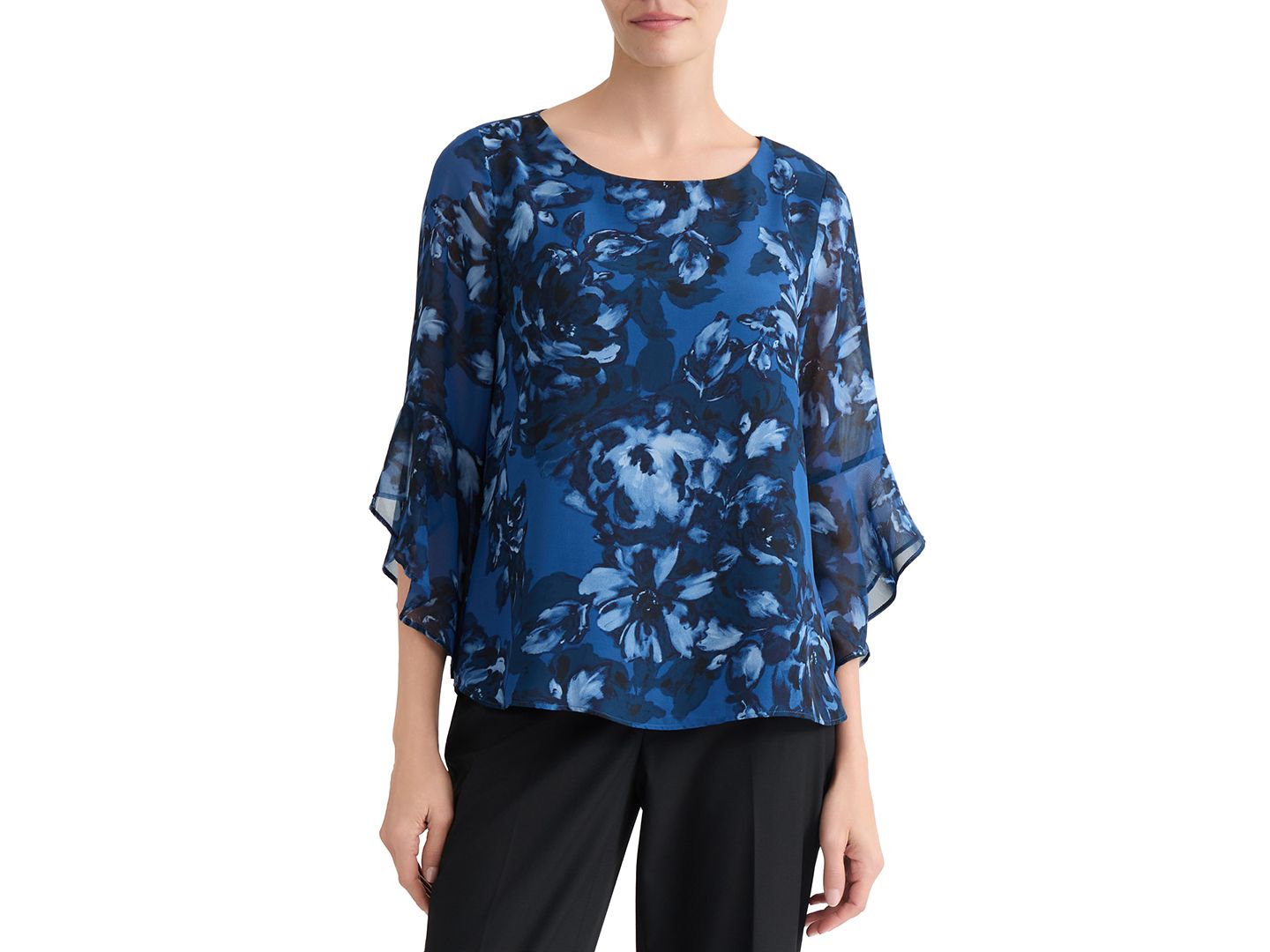 Женская блузка Kasper Boat-Neck Ruffle-Sleeve Blouse, цвет: Синий ночной разноцветный — фото 2
