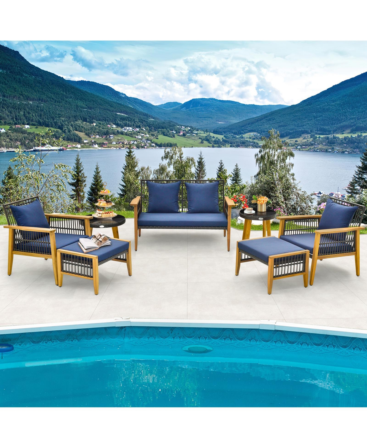 Slickblue 7-Piece Patio Conversation Set with Acacia Wood and Cozy Cushions