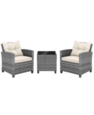 3-Piece Outdoor Wicker Conversation Set with Tempered Glass Table