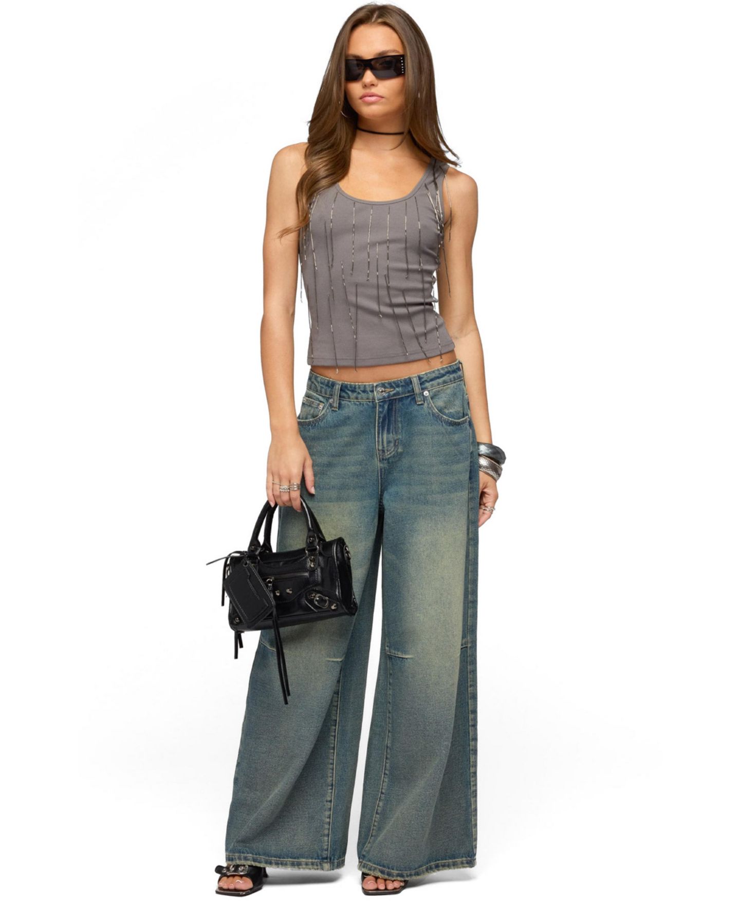 Женский топ Edikted Beaded Fringe Ribbed, цвет: Тёмный серый — фото 3