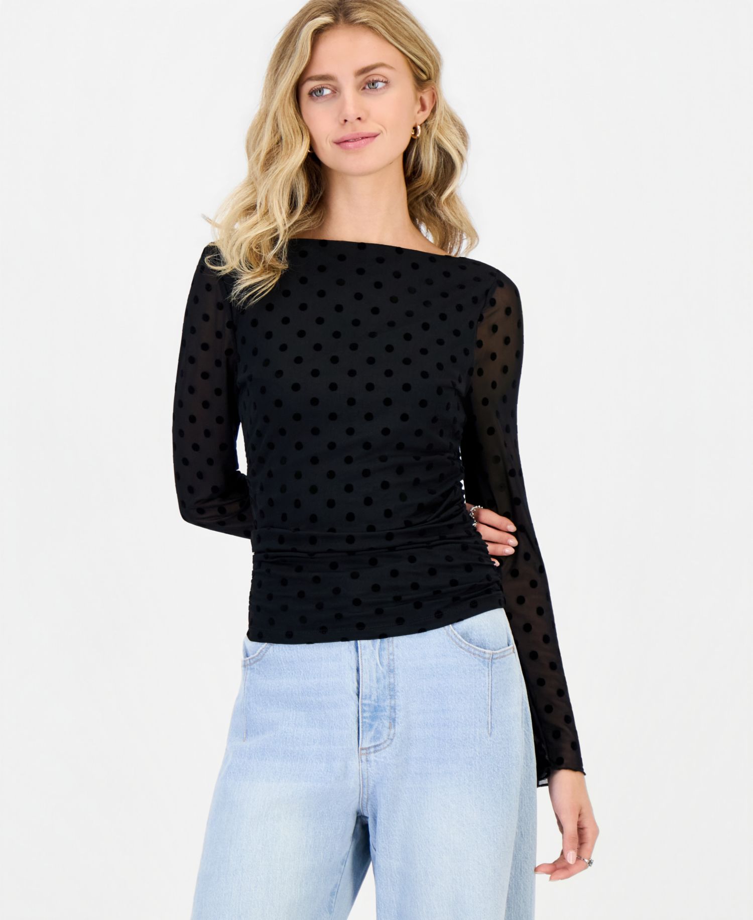 Juniors' Ruched Flocked Long-Sleeve Top