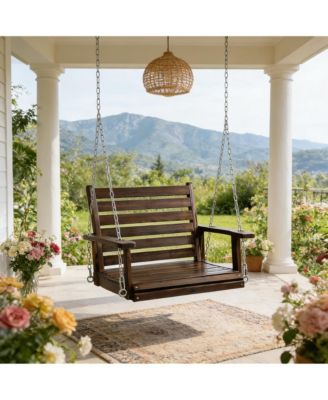 1-Seater Premium Solid Fir Wood Outdoor Porch Swing, Hanging Log Bench with 880 lbs Capacity