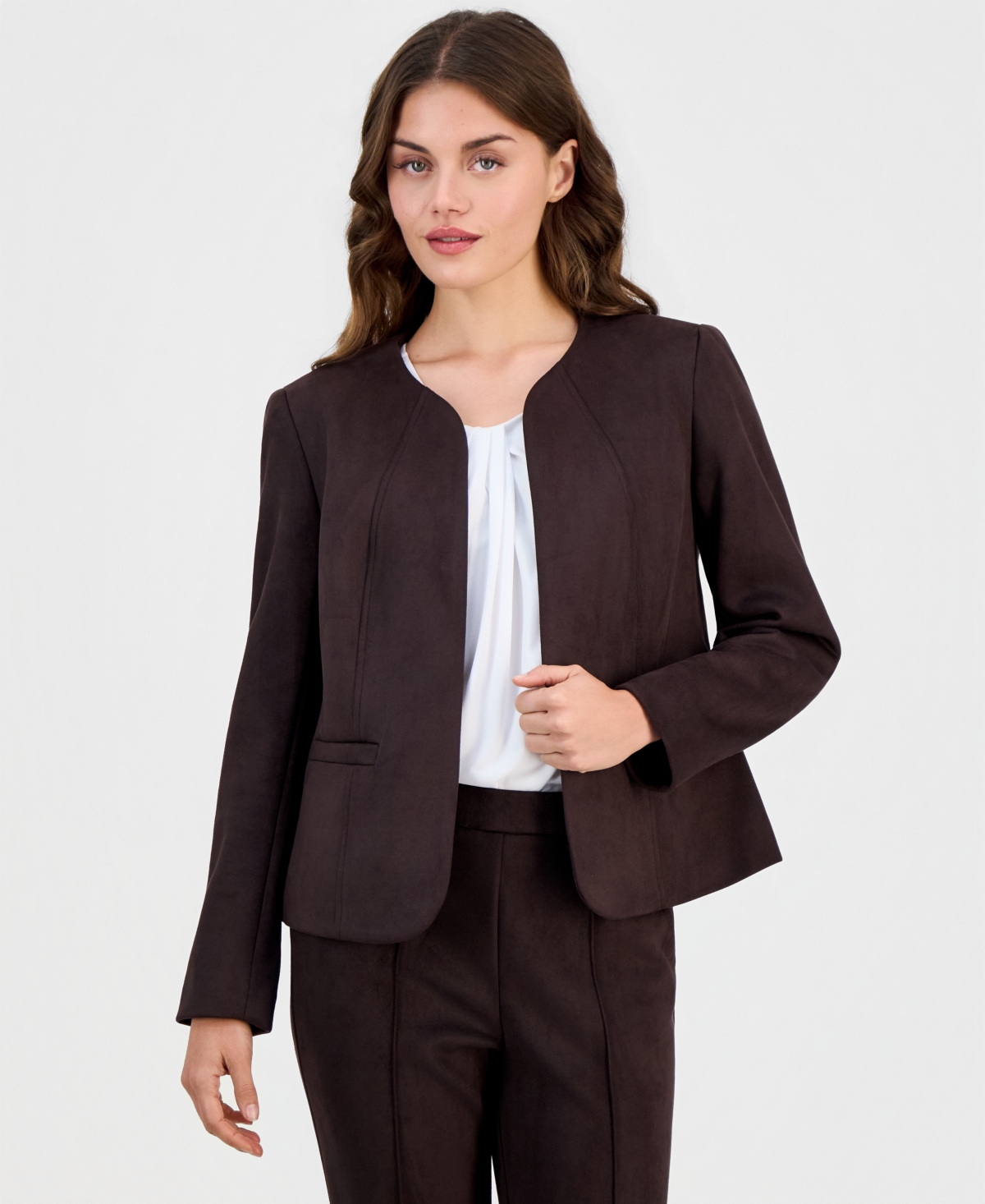 Anne Klein Essentials Petite Scuba Suede Open-Front Jacket - Deep Mahogany