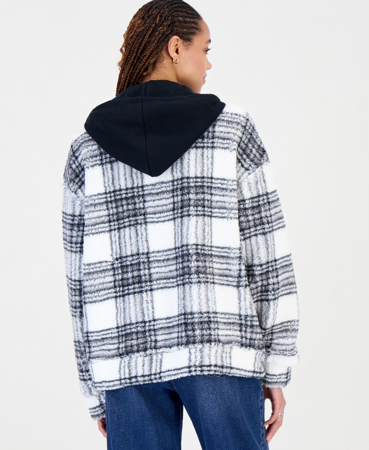 Madden Girl Juniors' Sherpa-Lined Plaid Hooded Shacket