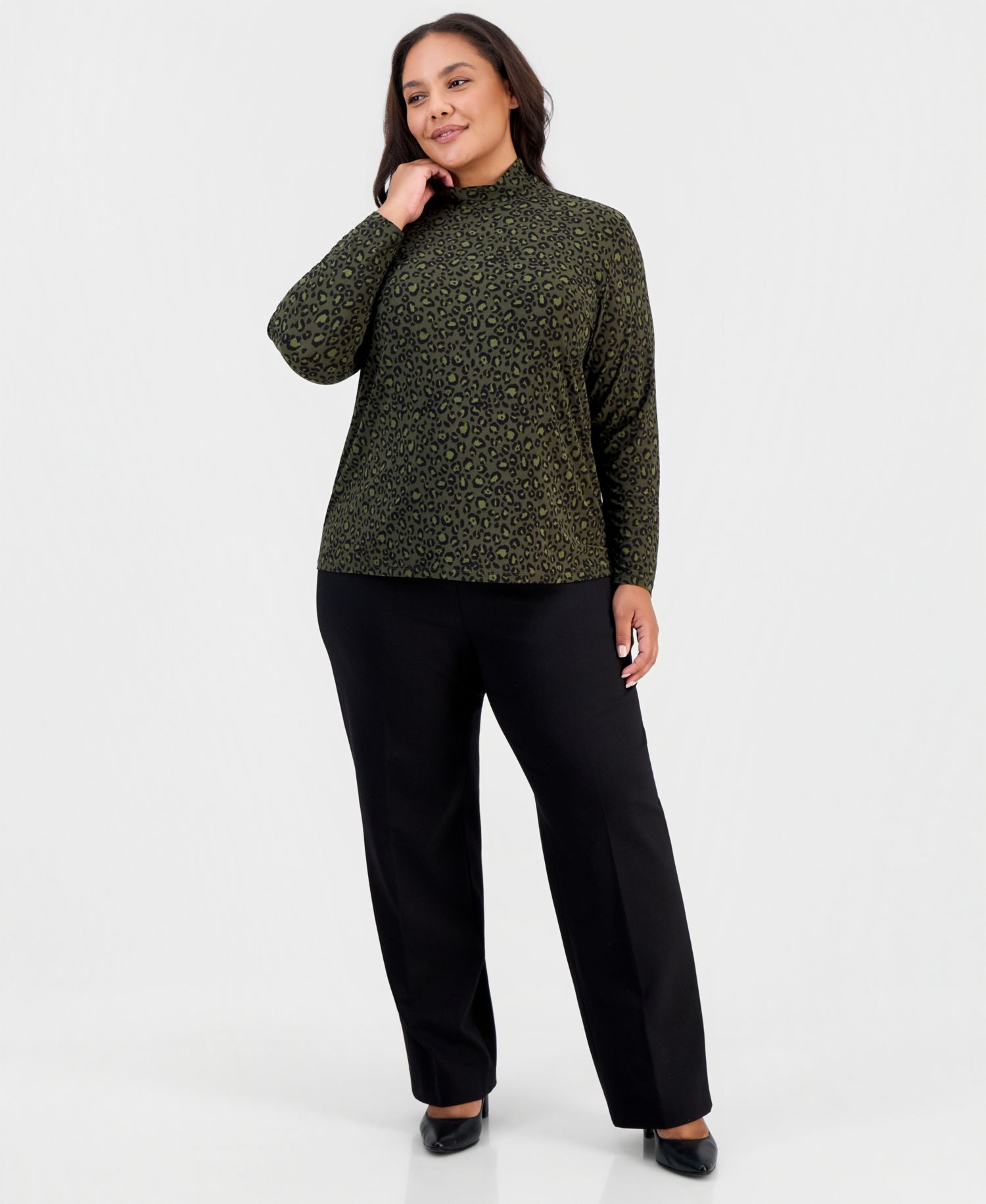 Plus Size Leopard-Print Shirred-Neck Long-Sleeve Turtleneck
