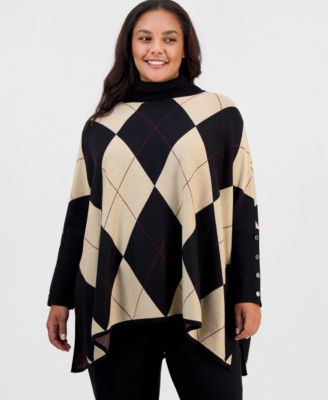 Plus Size Argyle Turtleneck Poncho