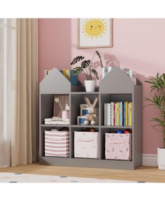 toy storage organizer with book racks and open cubbies, castle design kids bookshelf, toddler toy chest for playroom, nursery, daycare use