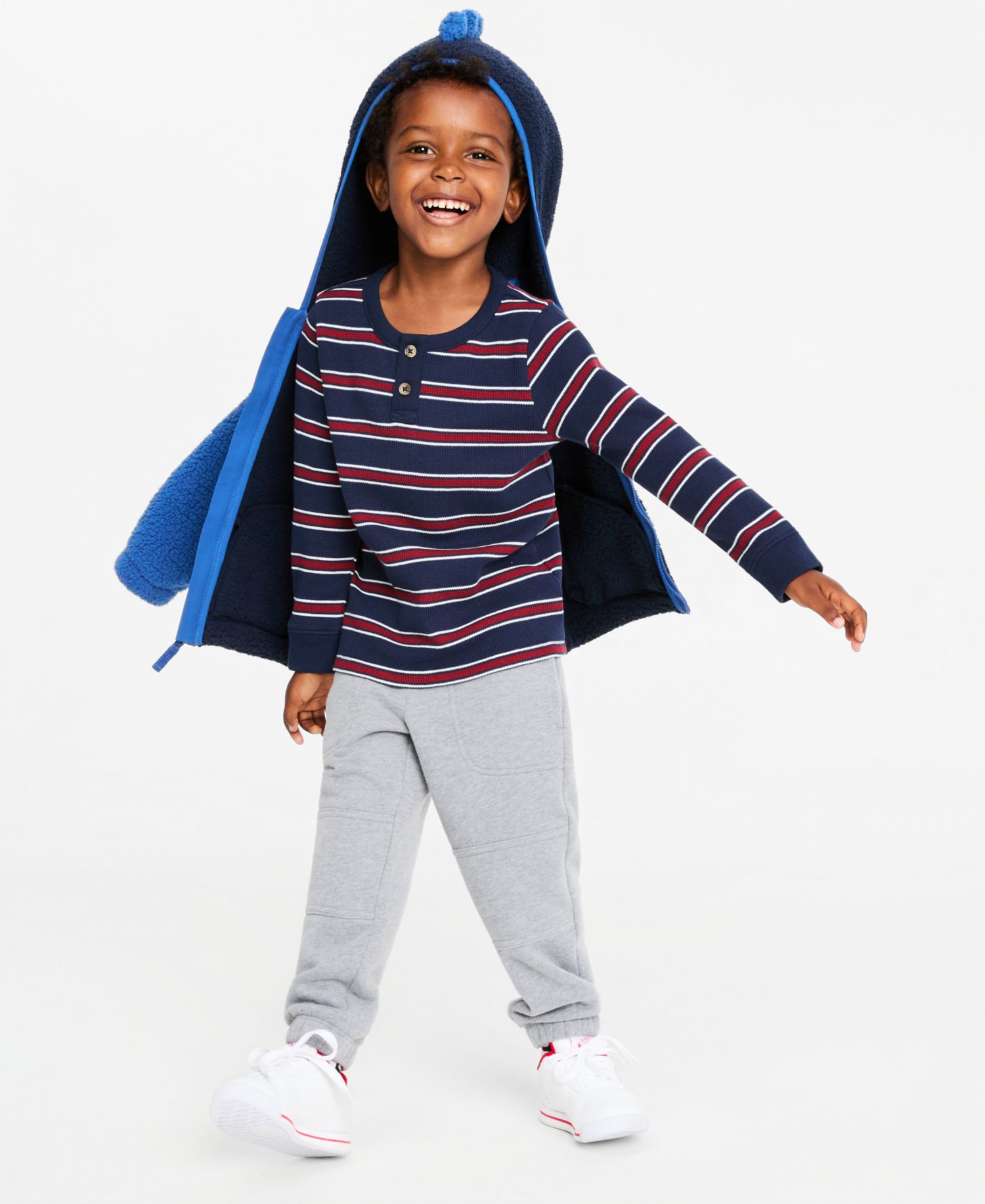 Toddler Boys' 12M-5T Faux-Sherpa Dino Jacket, Striped Henley Thermal Shirt & Fleece Jogger Pants