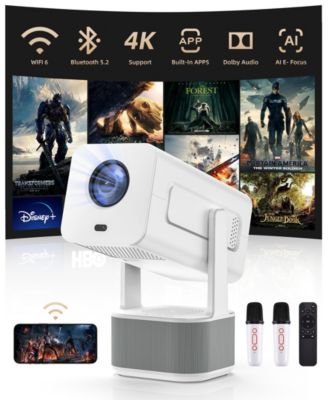Mini Projector with WiFi 6 and Bluetooth 5.2 Built-in Apps for Bedroom Portable Projector Smart Keystone 1080P 4K Support with 2 Wireless Mics