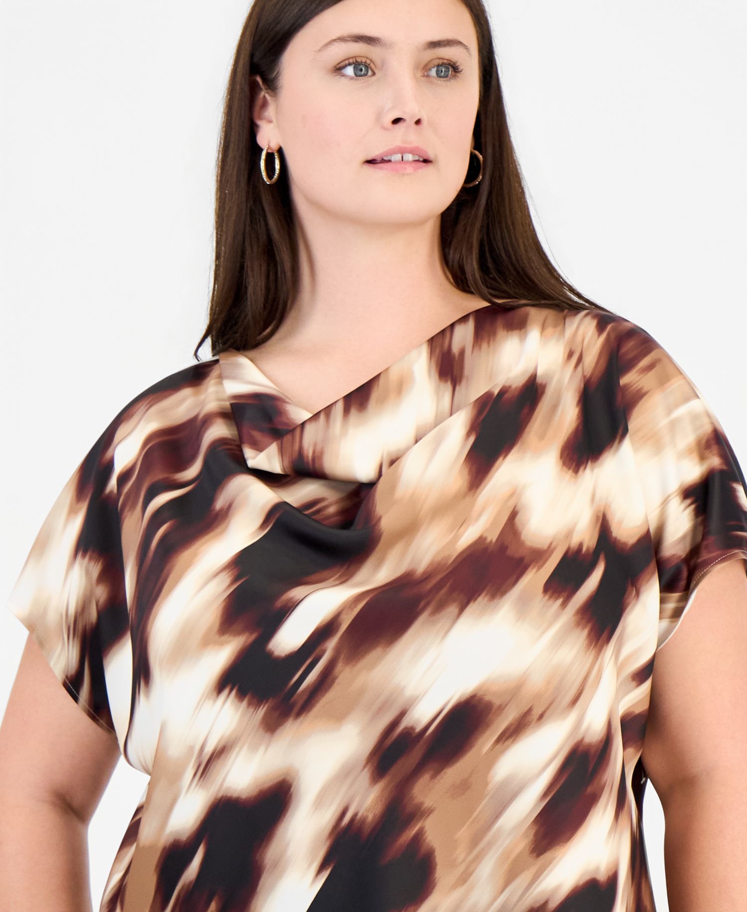 Plus Size Cowl Neck Short-Sleeve Print Blouse