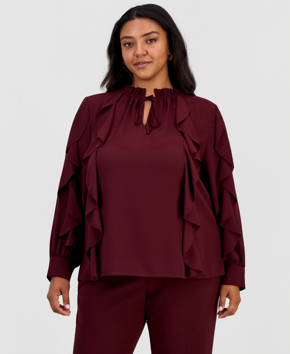 Anne Klein Plus Size Long-Sleeve Keyhole-Neck Ruffle-Trim Blouse - Barolo