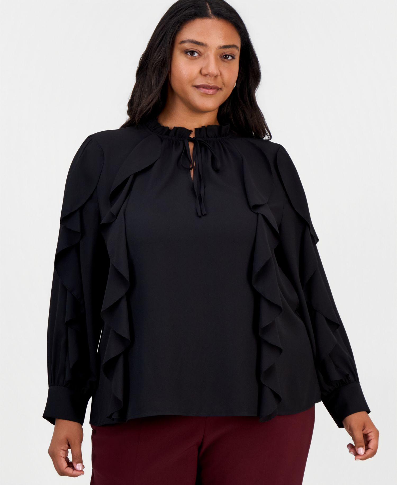 Plus Size Long-Sleeve Keyhole-Neck Ruffle-Trim Blouse