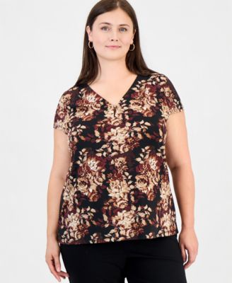 Women's Plus Size Cap Sleeve Floral Pleat Neck Blouse