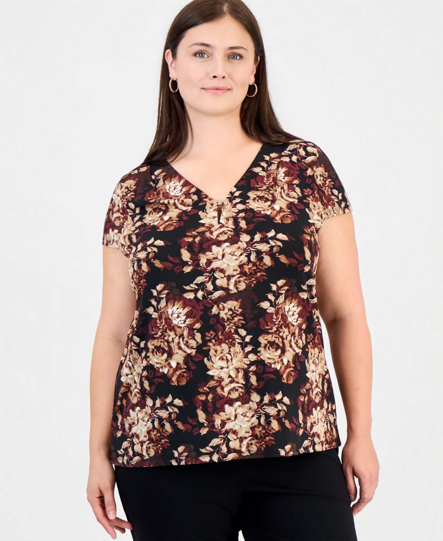 Women's Plus Size Cap Sleeve Floral Pleat Neck Blouse
