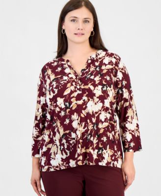 Plus Size Cap-Sleeve Pleat-Neck Floral Blouse