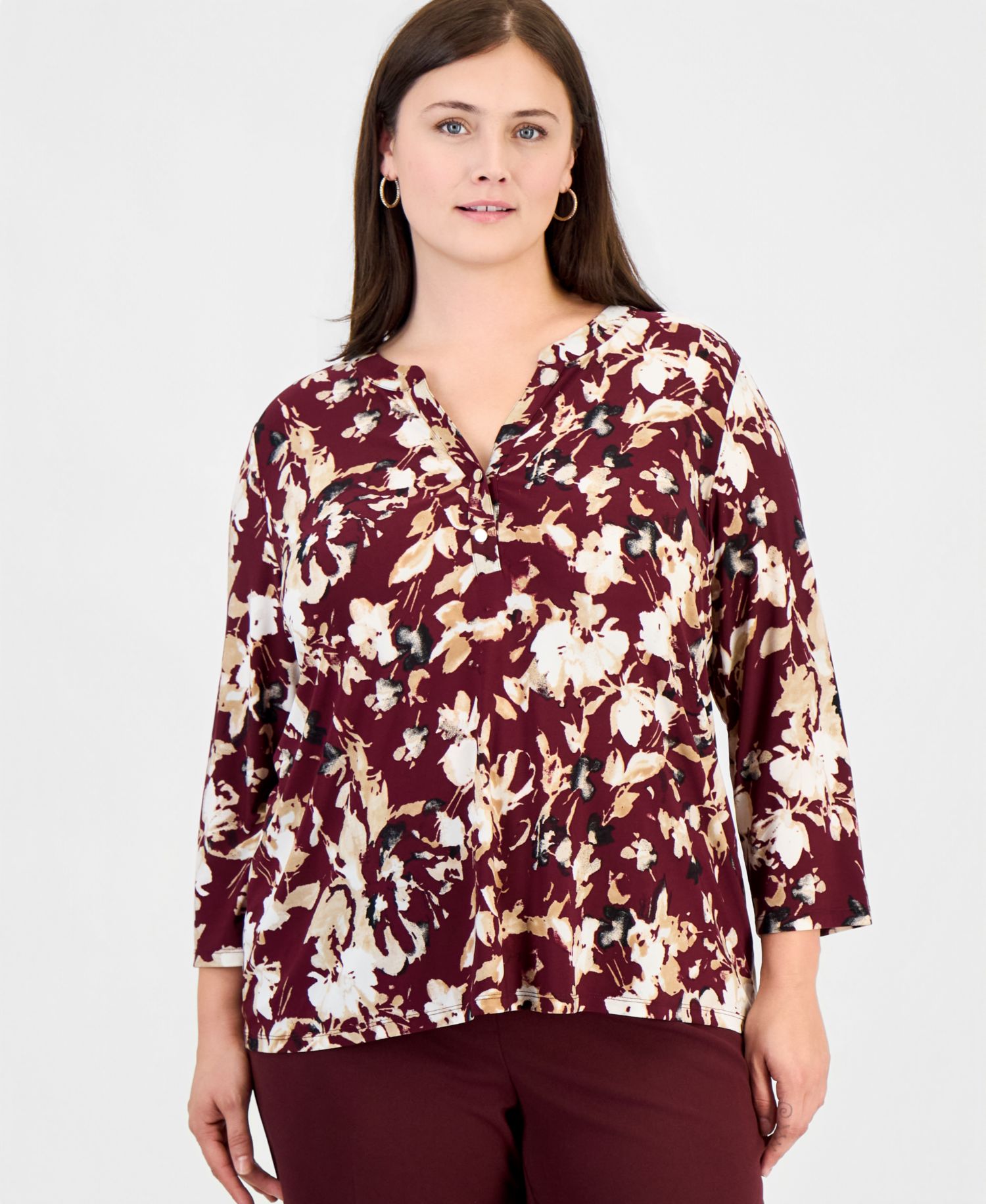 Plus Size Cap-Sleeve Pleat-Neck Floral Blouse
