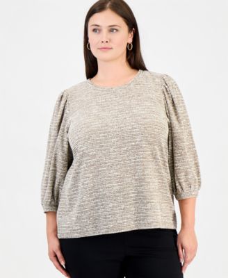 Plus Size Crew Neck Boucl&eacute; 3/4-Length Balloon Sleeve Sweater