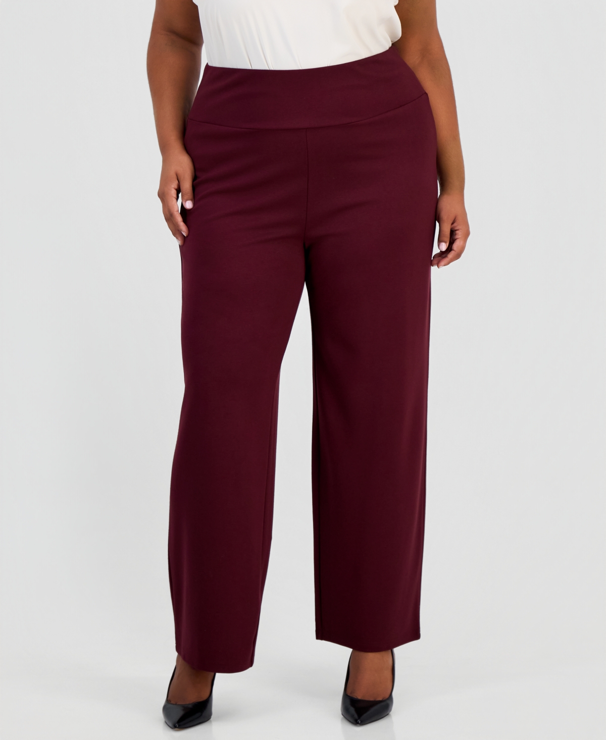 Anne Klein Essentials Plus Size Serenity High-Rise Wide-Leg Pull-On Trouser - Barolo