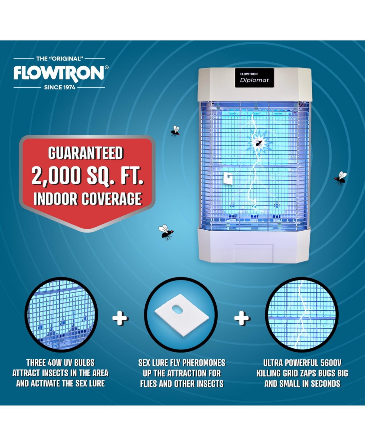 Flowtron Indoor Bug Zapper, Electric Insect Killer 120W Uv, Pheromone Lure, 2000 Sq Ft, Ul Certified
