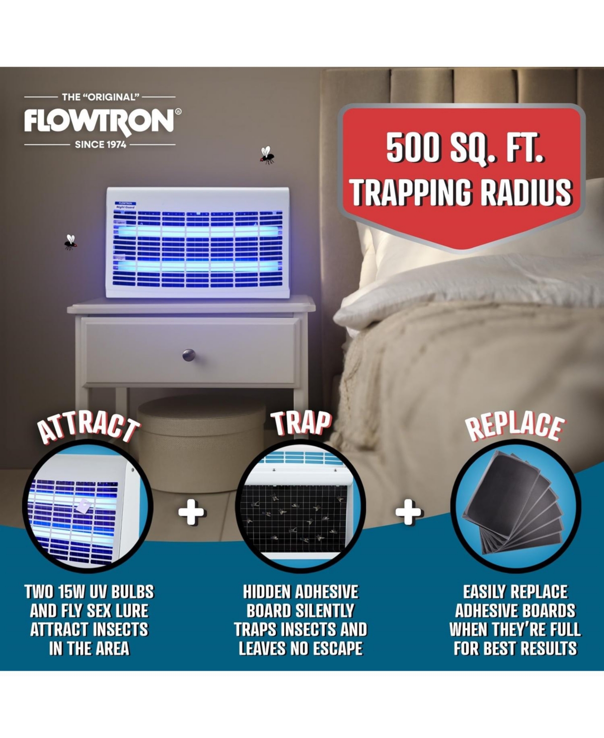 Flowtron Portable Indoor Fly Trap, 30W, Dual Lure Electric Insect Killer, 500 Sq Ft Coverage