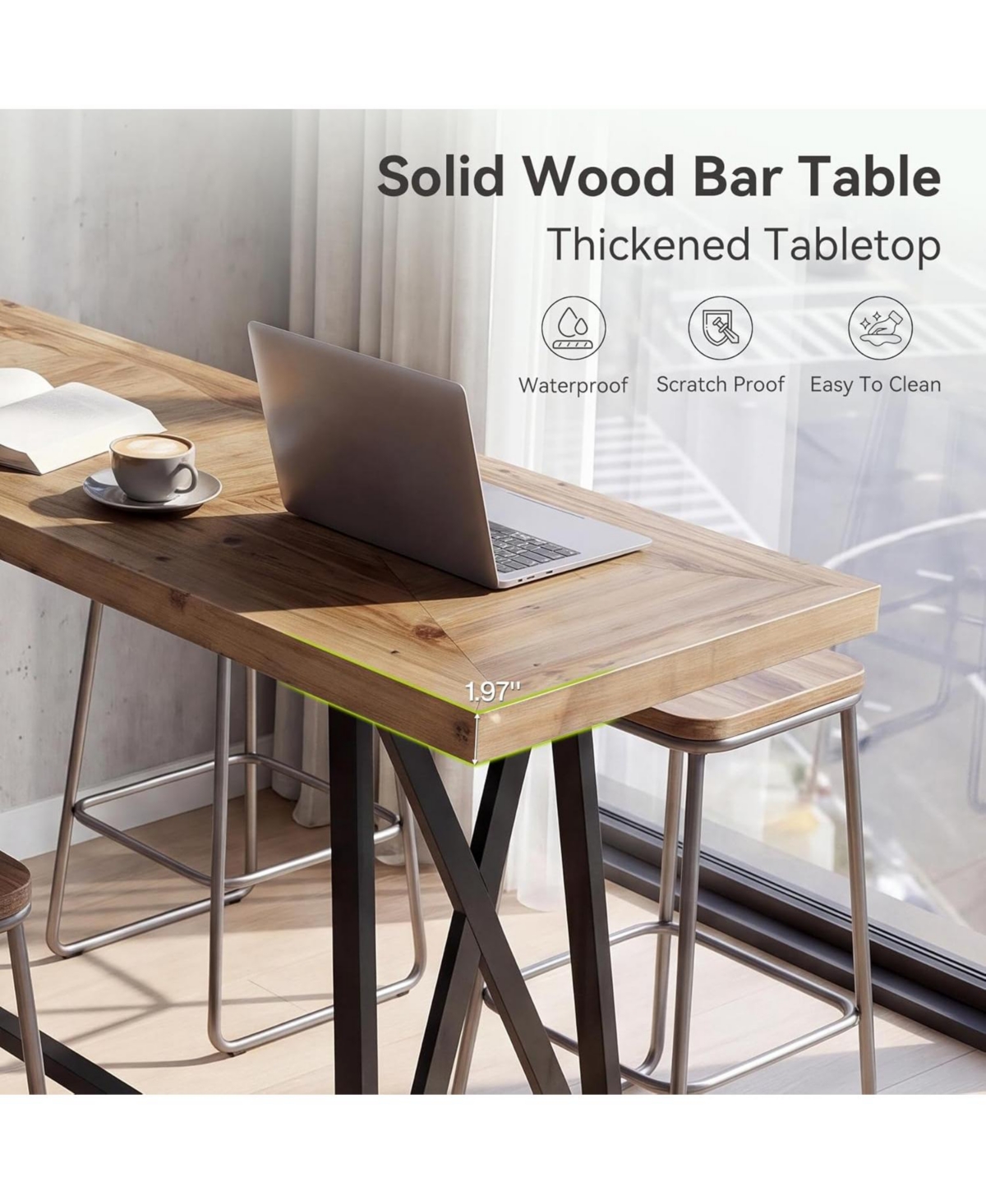 Tribesigns Solid Wood Bar Table:63" long counter height pub table with metal footrest.Industrial tall bistro table for dining room,kitchen,basement