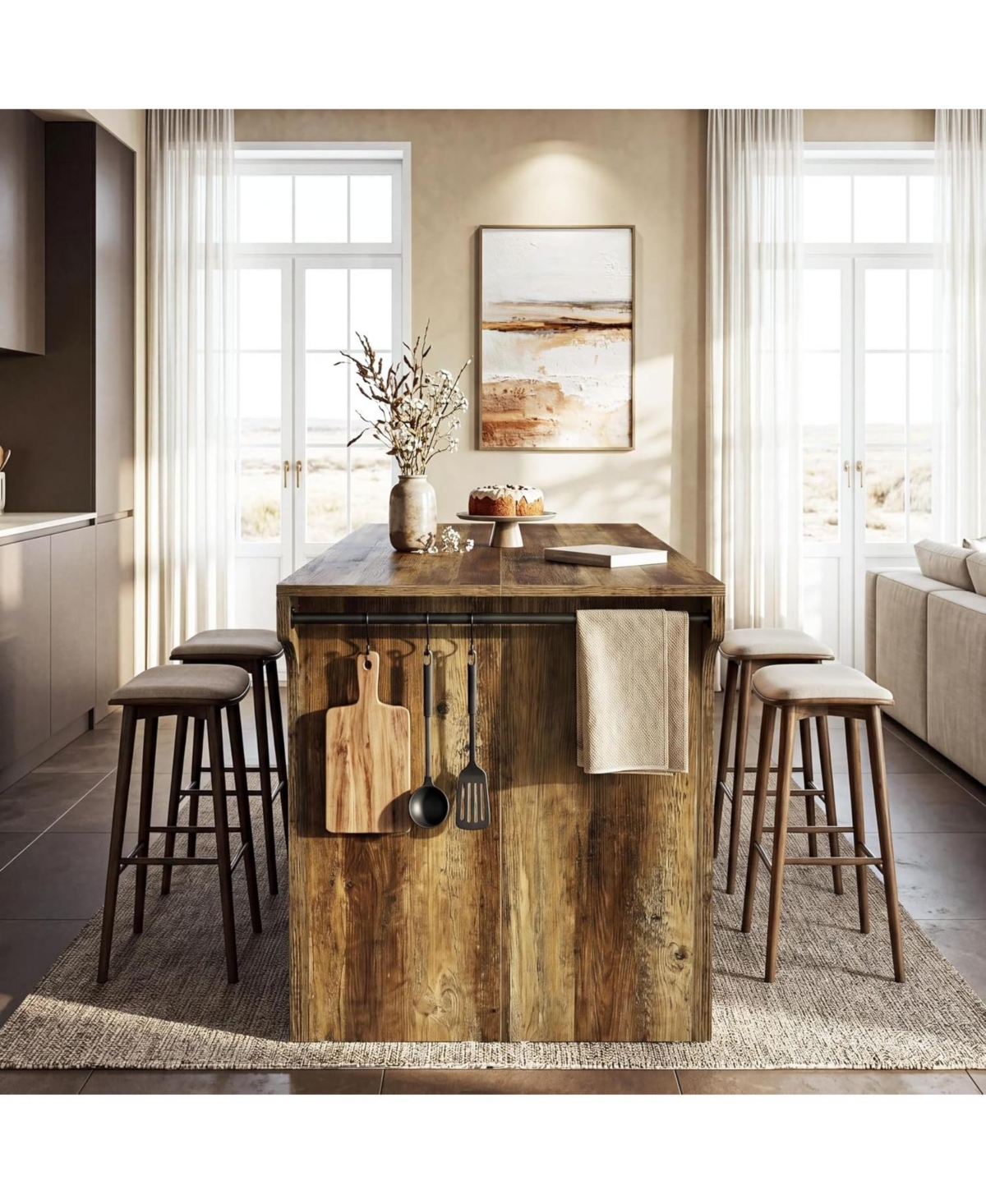 Tribesigns 55" Kitchen Island: Counter Height With Seating, 2 Shelves, Hanging Rods. Farmhouse Prep Station For Dining Room