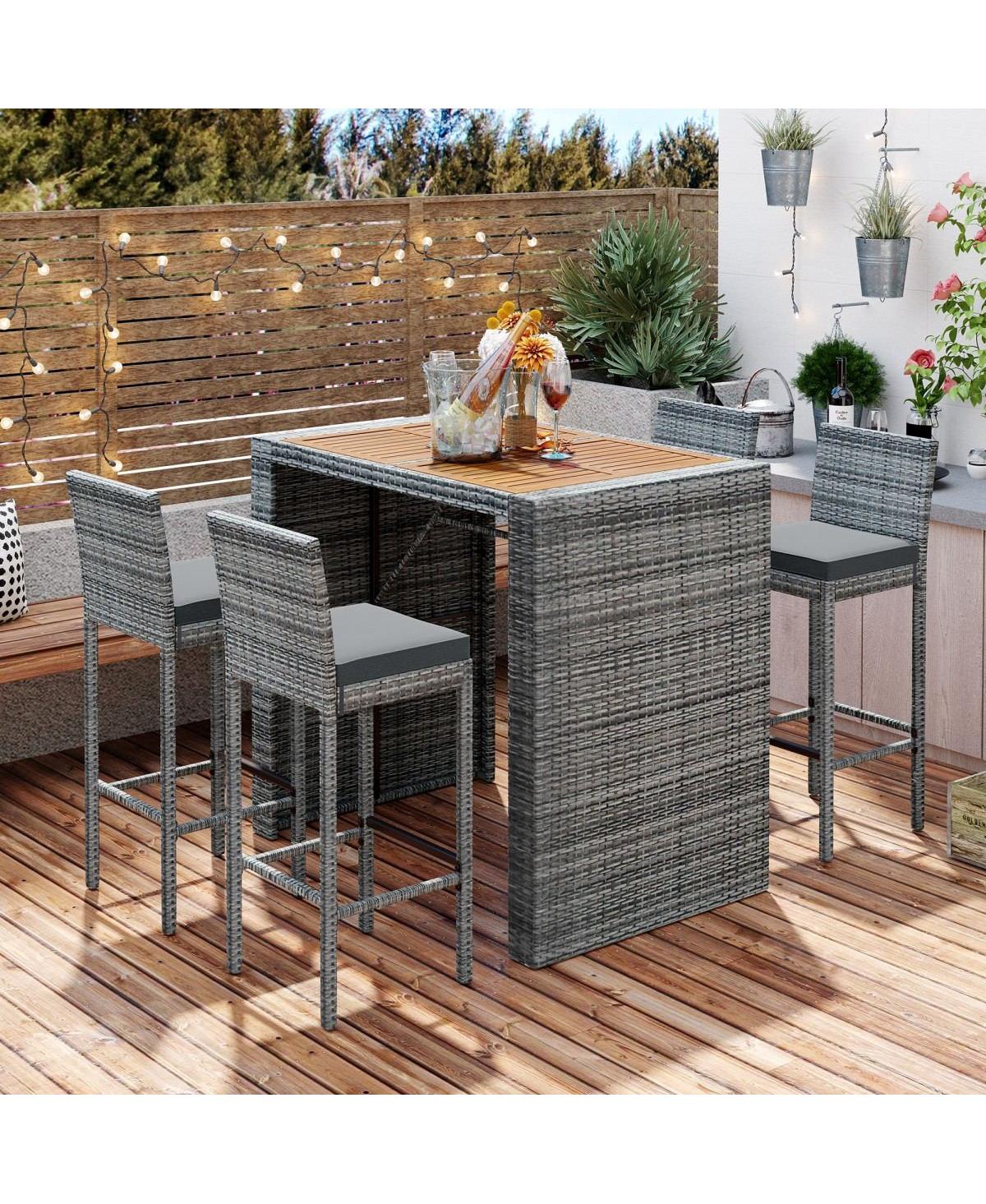 Asagikoiai 5-Piece Outdoor Wicker Bar Set with Cushions and Acacia Wood Table