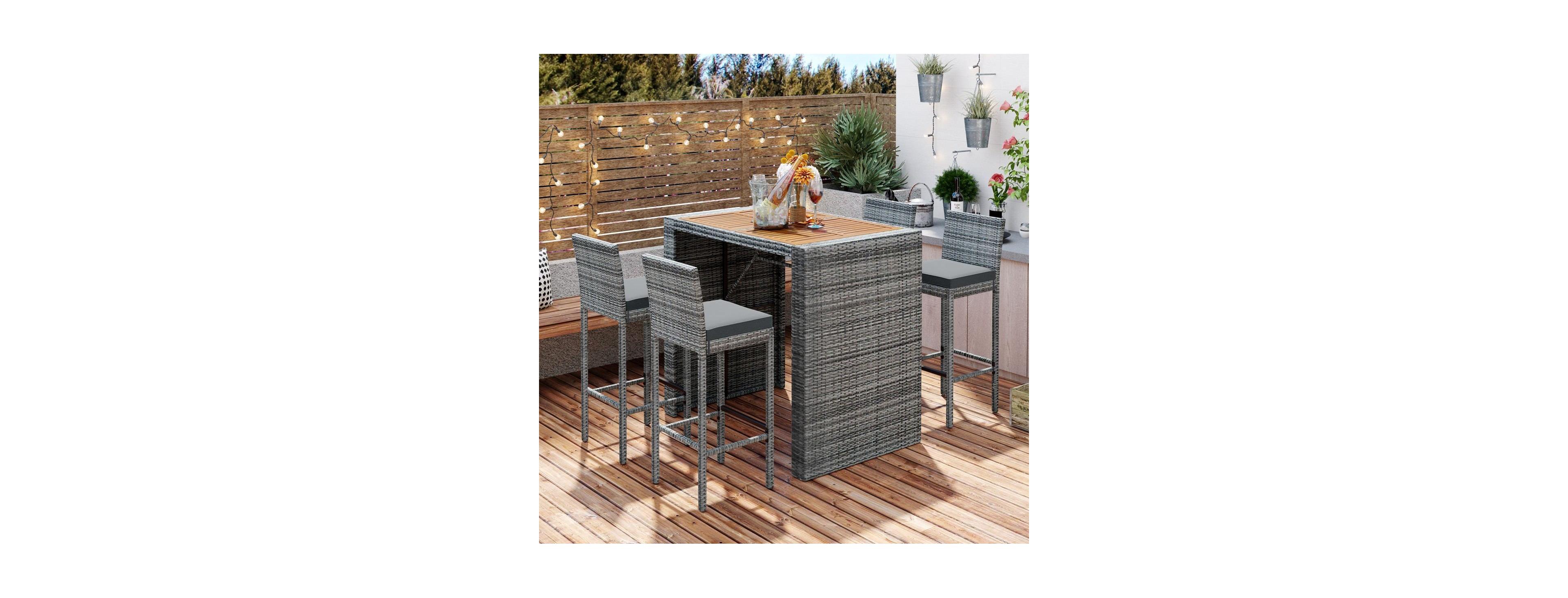 Asagikoiai 5-Piece Outdoor Wicker Bar Set with Cushions and Acacia Wood Table
