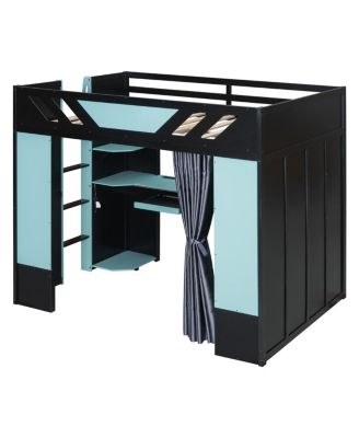  Full Size Wood Loft Bed with Shelves Curtains and RGB Lights