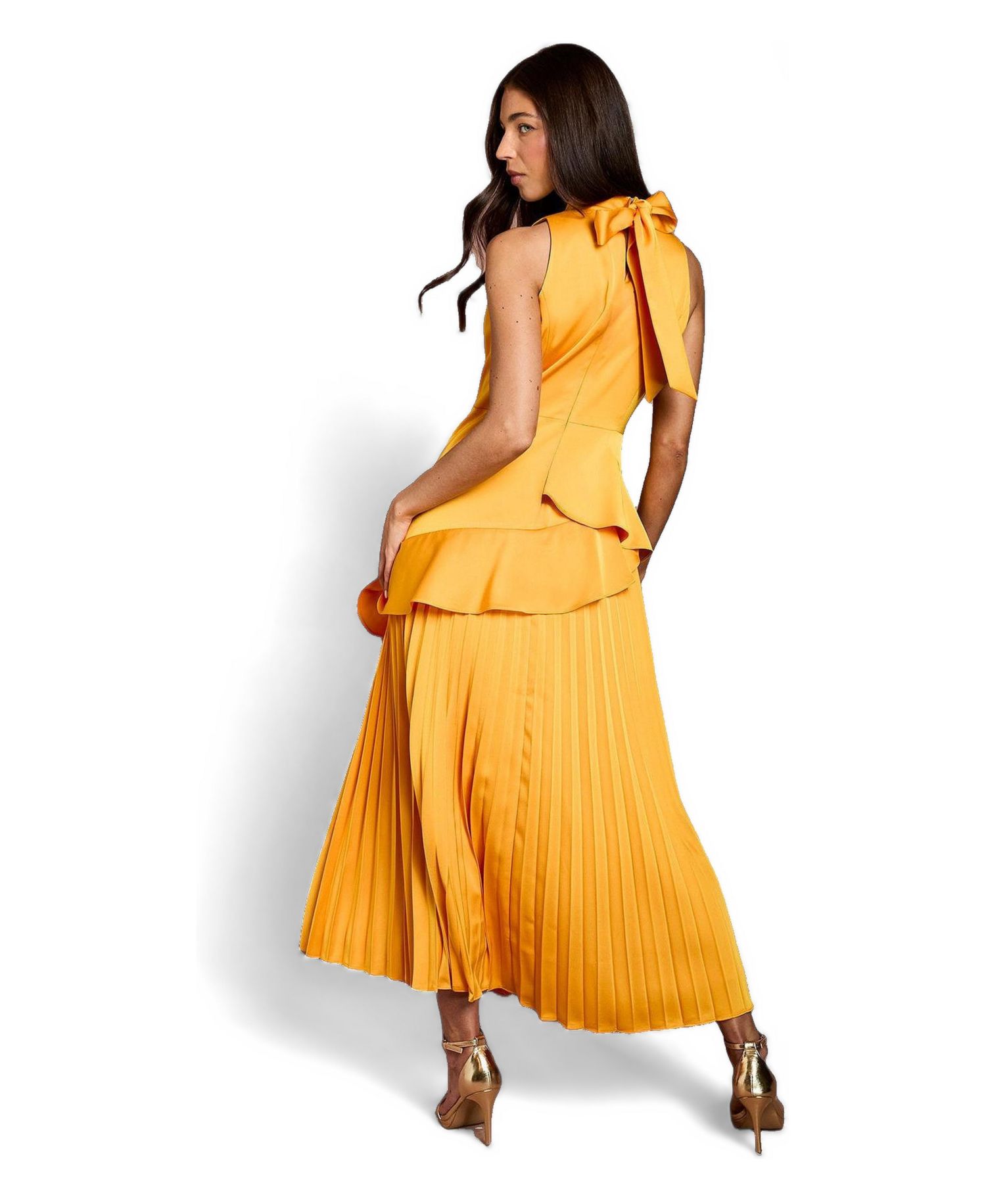 Women's Satin Crepe High-Neck Pleated Maxi Dress