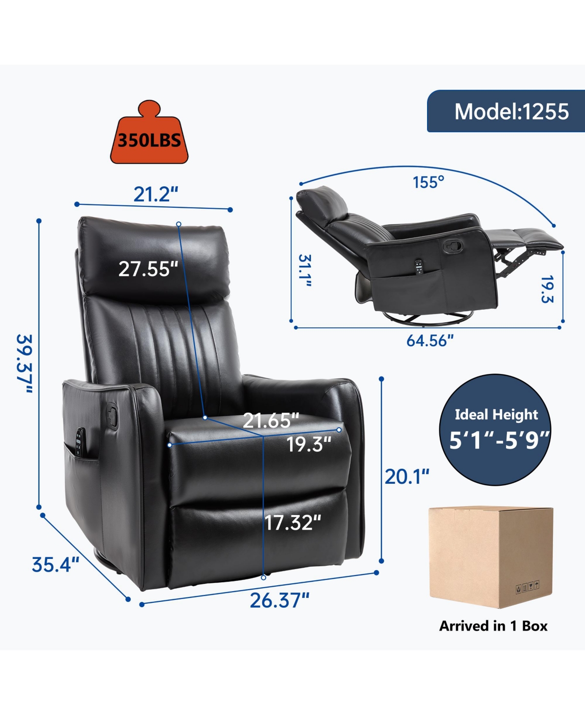 Clihome Faux Leather Heat Massage Manual Recliner Chair with Rocker and Swivel for Living Room